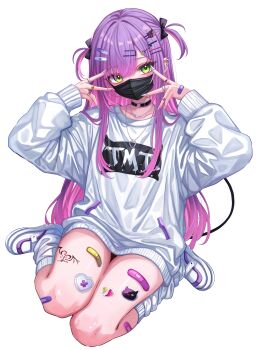1girl absurdres bandaid bandaid_hair_ornament bandaid_on_finger bandaid_on_hand bandaid_on_thigh bibi_(tokoyami_towa) black_choker black_mask black_ribbon black_tail blush character_hair_ornament choker covered_mouth cross_hair_ornament ear_piercing earclip facial_mark fingernails green_eyes hair_ornament hair_ribbon hairclip heart heart_choker heart_ring heart_tattoo highres hololive jacket jewelry leg_tattoo lollipop_hair_ornament long_fingernails long_hair long_sleeves looking_at_viewer mask mouth_mask multicolored_hair nail_polish necklace o-ring o-ring_choker patch paw_print piercing pink_hair print_jacket purple_hair ribbon ring sa-ya2 shoes simple_background sitting sleeves_past_wrists sneakers socks solo star_(symbol) star_facial_mark star_print tattoo thighs tokoyami_towa transparent_background two-tone_hair two_side_up virtual_youtuber wariza white_jacket white_nails white_shoes white_socks wing_tattoo