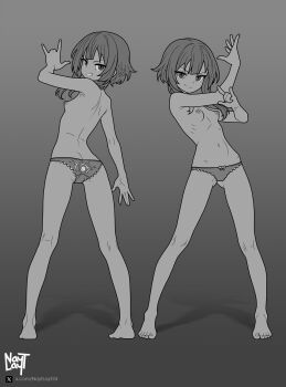 1girl \m/ artist_name bow bow_panties breasts crotch_seam full_body greyscale grin highres hip_bones kneepits kono_subarashii_sekai_ni_shukufuku_wo! lace lace-trimmed_panties lace_trim loli looking_at_viewer looking_back megumin monochrome multiple_views navel nayt_layt nipples panties perky_breasts ribs short_hair_with_long_locks small_breasts smile smirk teeth topless_female turning_head twitter_username underwear