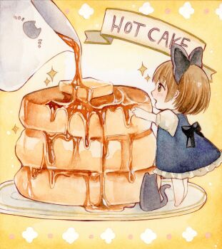 Rule 34 | 1girl, acrylic gouache (medium), black bow, blue dress, bow, brown eyes, brown hair, butter, cat, dress, food, food focus, from side, hair bow, highres, mini person, minigirl, open mouth, original, painting (medium), pancake, pancake stack, short hair, short sleeves, solo, sparkle, standing, syrup, traditional media, watercolor (medium), yuuki hana (jtnp5334)
