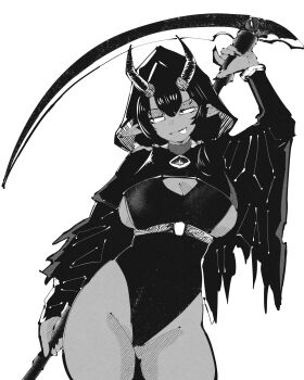 1girl :p absurdres arm_up breasts cleavage closed_mouth commentary cowboy_shot double-parted_bangs dungeons_&amp;_dragons english_commentary facing_viewer female_goblin goblin greyscale groin hair_between_eyes hatching_(texture) highres holding holding_behind_back holding_scythe holding_weapon_behind_back hood hood_up hooded_shrug horns large_breasts leotard linear_hatching long_sleeves looking_to_the_side miregeist monochrome narrowed_eyes original sanpaku scythe short_hair shrug_(clothing) simple_background solo tongue tongue_out white_background