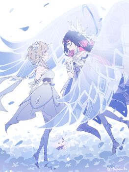 2girls absurdres black_hair blonde_hair bow columbina_(genshin_impact) commentary_request detached_sleeves dress falling_petals field flower flower_field genshin_impact hair_ornament hair_ribbon highres inteyvat_flower_(genshin_impact) long_hair looking_at_another lumine_(genshin_impact) multicolored_hair multiple_girls petals pink_hair purple_eyes ribbon short_hair tooooo_hu translucent_wings two-tone_hair watermark white_background white_bow white_dress wing_hair_ornament wings yellow_eyes