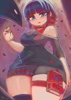 1girl absurdres animal animal_print bike_shorts bird bird_print black_bike_shorts black_dress black_hair black_nails black_thighhighs blue_eyes blush book bra breasts choker dress epic_games fortnite from_below goth_fashion heart highres large_breasts looking_down monster morgan_myst multicolored_hair off-shoulder_dress off_shoulder petals print_dress red_bra red_hair red_lips short_hair short_sleeves single_thighhigh spotlight standing thick_thighs thigh_strap thighhighs thighs tony_welt two-tone_hair underwear wide_sleeves