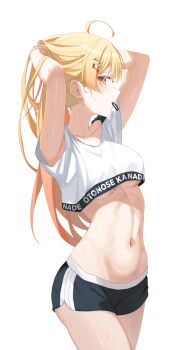 1girl absurdres ahoge alternate_breast_size_(larger) armpits arms_up black_shorts blonde_hair breasts brown_eyes commentary commission crop_top crop_top_overhang cropped_shirt english_commentary fortissimo gradient_hair hair_ornament hair_tie_in_mouth highres hololive hololive_dance_practice_uniform hololive_dev_is linea_alba long_hair looking_at_viewer medium_breasts mouth_hold multicolored_hair musical_note musical_note_hair_ornament navel official_alternate_costume orange_hair otonose_kanade shirt short_shorts short_sleeves shorts simple_background solo stomach sweat t-shirt tying_hair virtual_youtuber white_background white_shirt yubbiidraw