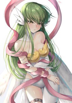 absurdres angewomon angewomon_(cosplay) asymmetrical_clothes backlighting blush breasts buckle budgiepon c.c. code_geass cosplay cowboy_shot digimon elbow_gloves gloves green_eyes highres holding_own_arm long_hair medium_breasts ribbon simple_background white_background yellow_eyes