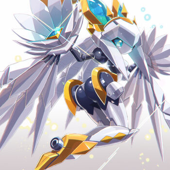 1girl ass blue_eyes blue_gemstone breasts diffraction_spikes expressionless floating from_behind full_body gem glint grey_background high_heels highres humanoid_robot joints looking_at_viewer looking_back mechanical_wings medarot medium_breasts narrow_waist no_mouth no_nose original robot robot_girl robot_joints sideways_glance solo sparkle wide_hips winged_arms wings yoyoyoyoyo_(turuse)