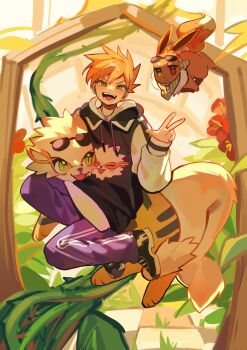 Rule 34 | 1boy, absurdres, arcanine, black footwear, black hoodie, blue oak, brown fur, chinese commentary, clothed pokemon, commentary request, drawstring, eevee, fangs, full body, gen 1 pokemon, heterochromia, highres, hood, hood down, hoodie, jewelry, ki2ri5, long sleeves, male focus, mixed-language commentary, necklace, nintendo, open mouth, orange fur, orange hair, pants, partial commentary, pokemon, pokemon (creature), pokemon frlg, purple pants, red eyes, shoes, short hair, spiked hair, sunglasses, tail, v, yellow eyes