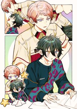 Rule 34 | 2boys, :o, amanemio2, animal print, blue eyes, border, closed eyes, closed mouth, collared shirt, commentary request, ensemble stars!, facing another, fingernails, green eyes, hair between eyes, heterochromia, itsuki shu, kagehira mika, leopard print, long sleeves, looking at another, male focus, multiple boys, multiple views, open mouth, outside border, paper, pink hair, purple eyes, shirt, short bangs, short sleeves, smile, star (symbol), upper body, valkyrie (ensemble stars!), white border, yellow eyes