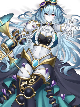 1girl absurdres breasts cleavage commentary_request duel_monster frills grey_hair hair_between_eyes headgear highres long_hair looking_at_viewer lying mechanical_arms medium_breasts navel reaching reaching_towards_viewer red_eyes robot robot_girl solo yu-gi-oh! yxzzbg zilofthonia_gorgon