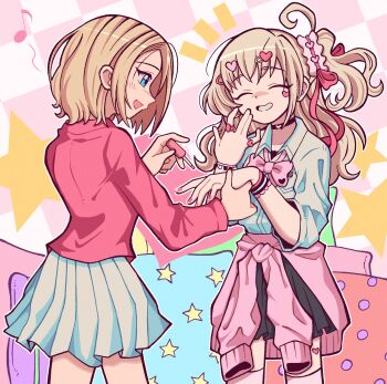 2girls accessories applying_manicure black_skirt blonde_hair blue_eyes bow bowtie bracelet castussan checkered_background choker closed_eyes clothes_around_waist commentary commission commissioner_upload crossover english_commentary facial_mark grin gyaru hair_ornament hair_ribbon hair_scrunchie hairclip heart heart_choker heart_facial_mark heart_hair_ornament highres jacket jacket_around_waist jewelry kedarui_aashii kimi_no_koto_ga_dai_dai_dai_dai_daisuki_na_100-nin_no_kanojo kogal long_hair loose_bowtie lost_(series) mark_under_eye medium_hair multiple_girls musical_note nail_polish notice_lines ohananomitsu_high_school_uniform one_side_up painting_nails pillow pink_bow pink_bowtie pink_jacket pink_nails pink_scrunchie pleated_skirt ribbon ring school_uniform scrunchie shannon_rutherford shirt skirt smile star_(symbol) star_symbol_background vgen_commission white_shirt white_skirt