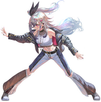 1girl :d black_bow black_jacket black_pants bow commentary_request cropped_shirt crossed_bangs detached_pants double-parted_bangs earclip floating_hair grey_hair grin hair_between_eyes hair_bow highres hololive hololive_dev_is isaki_riona jacket jewelry legs_apart long_hair maro2ki3 midriff navel navel_piercing necklace off_shoulder one_side_up open_mouth pants piercing red_eyes shirt sidelocks simple_background sleeveless sleeveless_shirt smile solo standing two-tone_pants virtual_youtuber white_background white_pants white_shirt