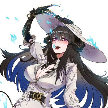 1girl akena_(ssrr3783) arm_up black_gloves black_hair blue_fire blush breasts claw_ring cleavage colored_inner_hair commentary_request constance_(honkai:_star_rail) demon_girl demon_horns dress fire gloves gradient_hair grey_dress grey_hat hair_between_eyes hat highres honkai:_star_rail honkai_(series) horns large_breasts long_hair looking_at_viewer mole mole_under_eye multicolored_hair open_mouth purple_eyes simple_background smile solo tongue tongue_out upper_body white_background