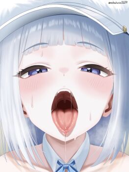 1girl absurdres artist_name azur_lane blue_eyes blunt_bangs blush detached_collar dmitri_donskoi_(azur_lane) dmitri_donskoi_(bedside_bunny)_(azur_lane) drooling highres looking_at_viewer nobukusa0209 official_alternate_costume open_mouth solo sweat tongue tongue_out upper_body visor_cap white_hair