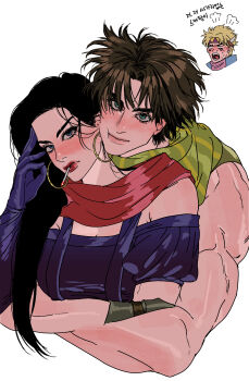 1girl 2boys battle_tendency blush caesar_anthonio_zeppeli headband highres hug hug_from_behind jojo_no_kimyou_na_bouken joseph_joestar joseph_joestar_(young) lisa_lisa long_hair mature_female multiple_boys pinkteest scarf