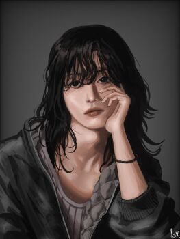 1girl absurdres aegyo_sal black_eyes black_hair bored grey_jacket grey_shirt hand_on_own_face highres hood hood_down jacket l3xarts_17 long_hair looking_to_the_side nephis_(shadow_slave) official_alternate_hair_color shadow_slave shirt solo upper_body wavy_hair