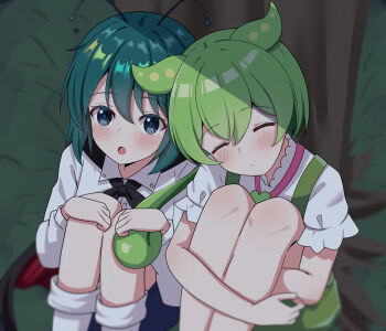 2girls :o absurdres antennae black_cape black_eyes blue_pupils blue_shorts blush cape closed_eyes closed_mouth collared_shirt commentary_request commission crossover feet_out_of_frame grass green_hair green_shorts highres hosinonana long_sleeves looking_at_viewer low_ponytail multiple_girls open_mouth pea_pod pixiv_commission ponytail shirt short_hair shorts suspenders touhou tree under_tree voiceroid voicevox white_shirt wriggle_nightbug zundamon