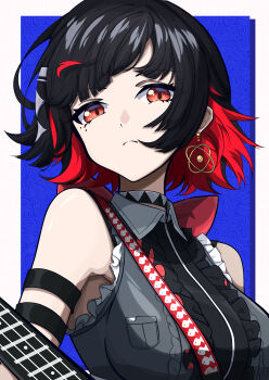 1girl absurdres alternate_costume black_hair border breasts closed_mouth colored_inner_hair commentary_request earrings ellen_joe highres jewelry looking_at_viewer multicolored_hair mutsu_aya red_eyes red_hair short_hair solo upper_body white_border zenless_zone_zero