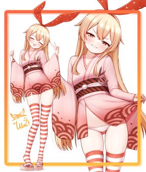 >:) 1girl absurdres blonde_hair blush closed_eyes clothes_lift headband highres japanese_clothes kantai_collection kimono lifting_own_clothes loli long_hair long_sleeves looking_at_viewer obi open_mouth panties sash shimakaze_(kancolle) smug striped_clothes striped_thighhighs thighhighs tiemu_(man190) underwear v v-shaped_eyebrows white_panties wide_sleeves