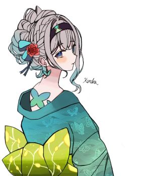 Rule 34 | 1girl, alternate costume, alternate hair length, alternate hairstyle, animal print, artist name, back bow, back tattoo, black hairband, black ribbon, blue eyes, blue hair, blue kimono, blue pupils, blue ribbon, blush, bow, braid, butterfly earrings, butterfly print, butterfly tattoo, closed mouth, commentary request, earrings, firefly (honkai: star rail), flower, from behind, gradient hair, green bow, grey hair, hair between eyes, hair flower, hair ornament, hair ribbon, hairband, honkai: star rail, honkai (series), japanese clothes, jewelry, kimono, kotohaneko 0307, large bow, long sleeves, looking at viewer, looking back, multicolored eyes, multicolored hair, purple eyes, red flower, red rose, ribbon, rose, seigaiha, short hair, simple background, single sidelock, solo, tattoo, upper body, white background, wide sleeves