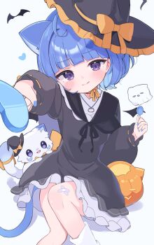 Rule 34 | 1girl, :q, ahoge, animal ears, bandaid, bandaid on leg, bat (animal), black dress, blue hair, blue nails, bob cut, bow, breasts, candy, cat, cat ears, cat girl, cat tail, commentary, crescent, dress, feet out of frame, food, frilled dress, frills, ghost, hands up, hat, hat bow, heart, highres, holding, holding candy, holding food, ichipon1515, incoming food, indie virtual youtuber, knees, knees up, kurageu roa, layered dress, light blush, long sleeves, looking at viewer, neck ribbon, pumpkin, purple eyes, ribbon, short hair, simple background, sitting, small breasts, smile, solo, tail, thick eyebrows, tongue, tongue out, virtual youtuber, white background, witch hat