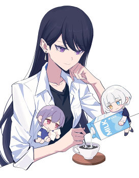 Rule 34 | 3girls, :3, bang dream!, bang dream! it's mygo!!!!!, black hair, black shirt, blue eyes, blue hoodie, blue shorts, brown eyes, commentary, commission, cup, drink carton, earrings, english commentary, grey hair, heterochromia, highres, holding, holding milk carton, hood, hoodie, jacket, jewelry, kaname raana, layered sleeves, long hair, long sleeves, milk, milk carton, mole, mole under eye, multiple girls, open clothes, open jacket, pouring, purple eyes, ringo orihara, second-party source, shiina taki, shirt, short hair, short over long sleeves, short sleeves, shorts, simple background, single earring, stirring, sugar cube, takamatsu tomori, white background, white hair, white jacket, white shirt, yellow eyes