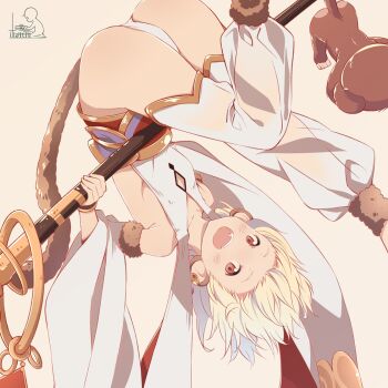 10s 1girl 2c=galore andira_(granblue_fantasy) animal animal_ears ass bangs_pinned_back bare_shoulders barefoot blonde_hair breasts chibi chibi_inset detached_sleeves erune fang female_focus granblue_fantasy hairband holding holding_weapon looking_at_viewer monkey monkey_ears monkey_tail open_mouth panties pink_background red_eyes short_hair sideboob simple_background small_breasts smile solo staff tail thighs underwear upside-down weapon