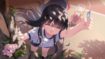 2girls :d animal_ears arm_up bare_arms baseball_cap black_hair blue_archive blue_shorts blunt_bangs breasts cherry_blossoms closed_eyes collarbone dappled_sunlight day faceless faceless_female feet_out_of_frame floating_hair from_above gym_shirt gym_shorts gym_uniform hair_over_eyes halo hand_up happy hat highres holding justice_task_force_member_(blue_archive) long_hair multiple_girls open_mouth outdoors outstretched_arm outstretched_hand reaching red_halo santa_matsuri shirt short_sleeves shorts sidelocks small_breasts smile solo_focus sportswear standing sunlight tree trinity_general_school_logo white_hat white_shirt