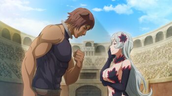 1boy 1girl abs animal_ears anime_coloring arm_under_breasts bare_shoulders black_gloves black_shirt blue_sky boar_boy boar_ears breasts brown_hair cleavage clenched_hand closed_mouth colosseum compression_shirt danmachi_battle_chronicle dungeon_ni_deai_wo_motomeru_no_wa_machigatteiru_darou_ka ears_down elbow_gloves facing_another flipped_sidelocks freya_(danmachi) game_cg gloves grey_hair hair_ornament hand_on_own_cheek hand_on_own_face highres large_breasts long_hair looking_at_another muscular muscular_male navel non-web_source official_art ottar_(danmachi) revealing_clothes shirt short_hair sky sleeveless sleeveless_shirt smile stomach