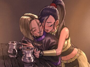 1boy 1girl alcohol arm_guards asymmetrical_bangs belt bike_shorts black_gloves black_shorts black_tank_top blonde_hair blush brown_background bustier cheek-to-cheek closed_eyes commentary_request crying cup dragon_quest dragon_quest_xi drunk fingerless_gloves gloves green_belt green_bustier grin heads_together hero_(dq11) high_ponytail highres hip_bones holding holding_cup hug hug_from_behind looking_to_the_side martina_(dq11) medium_hair navel o-ring o-ring_top parted_hair ponytail purple_hair shorts sitting smile tank_top tears yuto_sakurai