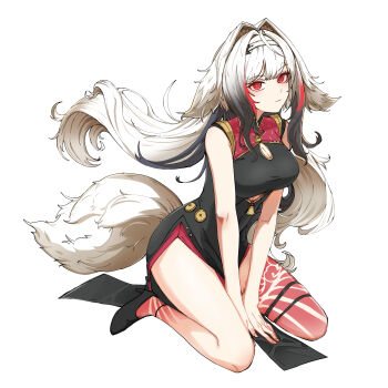 1girl absurdres animal_ears ankle_strap ankle_tattoo bare_arms bare_legs bare_shoulders between_legs black_dress black_hair black_shoes breasts china_dress chinese_clothes cleavage cleavage_cutout closed_mouth clothing_cutout commentary_request cosplay dress droopy_ears fingernails floating_hair fox_ears fox_girl fox_tail full_body hairband hand_between_legs high_heels highres korean_commentary leg_tattoo long_hair looking_at_viewer medium_breasts multicolored_hair pelvic_curtain red_dress red_eyes red_streaks seiza shoes sidelocks simple_background sitting sleeveless sleeveless_dress solo streaked_hair sweety_(zenless_zone_zero) sweety_(zenless_zone_zero)_(cosplay) tail tattoo thigh_strap transformation two-tone_dress two-tone_hair user_ssrr3783 v_arms very_long_hair white_background white_hair white_hairband ye_shunguang zenless_zone_zero
