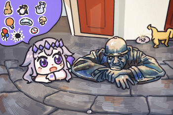 Rule 34 | 1girl, 1other, aircraft, balloon, bing huyue, bird, black hole, chibi, commentary, dog, door, emperor penguin, english commentary, gem, gem hair ornament, hair flaps, hand jewel, helmet, highres, hololive, hololive english, hot air balloon, koseki bijou, long hair, lying, merlion, multiple others, on stomach, open mouth, pebble (koseki bijou), peeing, penguin, poker chip, purple eyes, purple gem, purple hair, purple shoes, real world location, road, shoes, slovakia, speech bubble, statue, stone walkway, street, tiara, very long hair, virtual youtuber