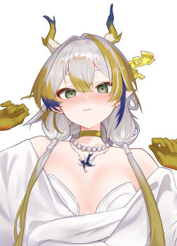 1girl 3: ambience_synesthesia arknights bare_shoulders blonde_hair blue_hair blush breasts closed_mouth collarbone colored_skin dr.lamina dragon_horns frown green_eyes grey_hair hair_intakes hair_ornament hair_stick hands_up highres horns jewelry long_hair looking_at_viewer low_twintails multicolored_hair necklace nose_blush off_shoulder official_alternate_costume open_clothes pasties shu_(arknights) simple_background small_breasts solo twintails upper_body very_long_hair white_background yellow_skin