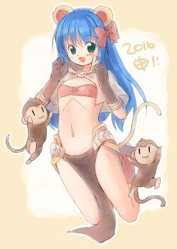 1girl 2016 :3 animal_ears bikini bikini_top_only blue_hair blush boots bow brooch brown_bikini brown_capelet brown_gloves capelet cat_brooch chinese_zodiac commentary_request emurin flat_chest full_body gloves green_eyes hair_bow jewelry jumping long_hair looking_at_viewer mage_(ragnarok_online) majiko_(emurin) midriff monkey monkey_ears navel open_mouth pelvic_curtain ragnarok_online red_bow red_footwear red_skirt showgirl_skirt skirt smile swimsuit year_of_the_monkey yoyo_(ragnarok_online)