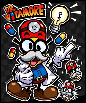 Rule 34 | !, !!, 1boy, belt, black-framed eyewear, blue shirt, brown belt, brown shoes, bumpadump2002, character name, checkered background, collared shirt, commentary, doctor, english commentary, facial hair, glasses, gloves, grey background, head mirror, highres, index finger raised, jacket, lab coat, light bulb, light bulb above head, male focus, mustache, open clothes, open jacket, open mouth, original, outline, pill, round eyewear, shirt, shoes, smile, solo, standing, teeth, toon (style), white gloves, white jacket, white outline