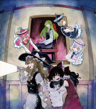 5girls :3 apron ascot back_bow black_hat black_skirt black_vest blonde_hair bow braid brown_hair commentary_request crescent crescent_hat_ornament crossed_arms detached_sleeves flashlight flashlight_beam frilled_bow frilled_hair_tubes frills ghost hair_bow hair_tubes hakurei_reimu hat hat_bow hat_ornament highres holding holding_flashlight kabaji kirisame_marisa layla_prismriver long_hair long_sleeves lunasa_prismriver lyrica_prismriver merlin_prismriver multiple_girls open_mouth pink_hat pink_vest red_bow red_eyes red_hat red_skirt red_vest ribbon-trimmed_sleeves ribbon_trim scared shirt siblings side_braid single_braid sisters skirt skirt_set smile star_(symbol) star_hat_ornament sweatdrop touhou traditional_media vest waist_apron white_apron white_bow white_shirt witch_hat yellow_ascot yellow_eyes