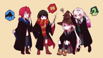 Rule 34 | ..., 4girls, absurdres, ange katrina, ankle boots, bird, black hair, black robe, black socks, blue eyes, blue necktie, blue robe, boots, brown background, brown boots, brown gloves, closed mouth, commentary request, crow, drill hair, glasses, gloves, gradient hair, green ribbon, green robe, grey pants, grey robe, grey skirt, gryffindor, hair ribbon, hand on own hip, hand up, highres, higuchi kaede, hogwarts school uniform, holding, holding wand, hyakumantenbara salome, knee boots, lion, long hair, long sleeves, looking at another, miniskirt, mole, mole under eye, multicolored hair, multiple girls, necktie, nijisanji, open mouth, pants, pleated skirt, ponytail, purple eyes, purple hair, ravenclaw, red hair, red robe, red scarf, rencoeur, ribbon, robe, scarf, school uniform, shirt, short ponytail, simple background, sitting, skirt, slytherin, smile, snake, socks, sorting hat, sparkle, speech bubble, spoken ellipsis, squiggle, standing, striped clothes, striped necktie, striped scarf, tsukino mito, two-sided robe, unamused, very long hair, virtual youtuber, wand, white hair, white shirt, wide sleeves, wizarding world