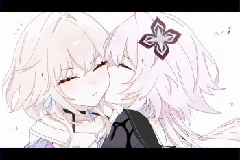 22_rink 2girls black_jacket closed_eyes closed_mouth commentary_request dual_persona earrings eighth_note evernight_(honkai:_star_rail) highres honkai:_star_rail honkai_(series) jacket jewelry kiss kissing_cheek letterboxed long_hair march_7th_(honkai:_star_rail) multiple_girls musical_note pink_hair selfcest shirt white_shirt yuri
