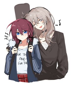 2girls black_sweater blue_eyes blue_jacket brown_hair commentary girls_band_cry grey_eyes grey_hair guitar_case hair_between_eyes highres instrument_case instrument_case_on_back iseri_nina jacket kawaragi_momoka long_hair long_sleeves low_twintails multiple_girls one_eye_closed open_clothes open_jacket open_mouth pealerprpr shirt short_hair short_twintails sweater twintails untranslatable_commentary white_shirt