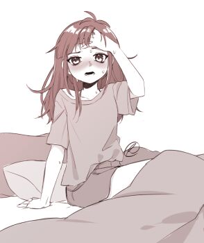 1girl artist_self-insert blush commentary english_commentary hand_on_own_head hand_up indie_virtual_youtuber long_hair looking_at_viewer monochrome nose_blush on_bed open_mouth shirt short_sleeves shorts sick simple_background sitting solo sweat t-shirt vyolfers vyolfers_(vtuber) white_background