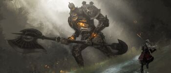 Rule 34 | 2others, absurdres, armor, asaki (asaki vision), axe, battle axe, bloody wolf (elden ring), commentary request, elden ring, full armor, giant, golem, golem (elden ring), highres, holding, holding axe, holding sword, holding weapon, multiple others, on grass, outdoors, scenery, standing, sword, tarnished (elden ring), water, weapon