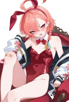 1girl :o ahoge asymmetrical_bangs bandaid bandaid_on_knee bandaid_on_leg bare_legs blue_archive blush bow bowtie braid breasts chair commentary covered_navel detached_collar earrings feet_out_of_frame groin head_tilt highleg highleg_leotard ironstarry jacket jacket_partially_removed jewelry knee_up leotard looking_at_viewer mole mole_under_eye neru_(blue_archive) neru_(bunny)_(blue_archive) no_halo official_alternate_costume on_chair playboy_bunny red_bow red_bowtie red_eyes red_leotard short_hair simple_background single_braid sitting small_breasts solo strapless strapless_leotard stud_earrings sukajan white_background