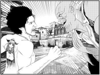 2boys avengers:_infinity_war avengers_(series) back_tattoo bald building counter-strike_(series) counter-strike_2 crossover facial_hair greyscale height_difference highres hololive kasuga_ichiban kiryu_coco male_focus marvel marvel monochrome multiple_boys muscular muscular_male open_mouth ryuu_ga_gotoku_(series) ryuu_ga_gotoku_7 smile tattoo thanos topless_male virtual_youtuber xyanaid