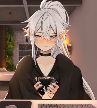 1girl black_coat black_nails black_shirt bush coat collar commentary computer_keyboard computer_mouse crossed_bangs cup double-parted_bangs earrings elfboiii english_commentary fairy_lights food gloves hair_between_eyes hanging_light high_ponytail highres holding holding_cup hoop_earrings hot_chocolate indoors jewelry long_hair marshmallow mousepad_(object) multiple_piercings night original partially_fingerless_gloves pointy_ears ponytail pov shirt single_sidelock solo upper_body white_hair window