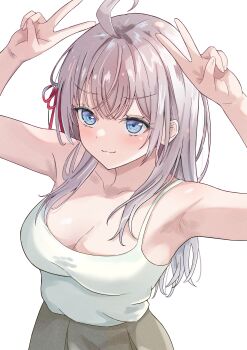 1girl :3 absurdres ahoge alisa_mikhailovna_kujou armpits arms_up azakura_(beniyomogi) blue_eyes breasts camisole cleavage commentary double_v grey_hair hair_ribbon highres large_breasts long_hair red_ribbon ribbon simple_background solo tokidoki_bosotto_roshia-go_de_dereru_tonari_no_alya-san v white_background white_camisole