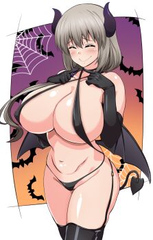 1girl bikini black_gloves black_thighhighs blush breasts closed_eyes cosplay demon_girl demon_horns demon_tail demon_wings elbow_gloves gloves grey_hair halloween highres horns large_breasts long_hair looking_at_viewer maki_ikazuya mature_female micro_bikini navel sling_bikini_top smile solo swimsuit tail thighhighs uzaki-chan_wa_asobitai! uzaki_tsuki wings