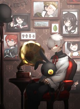 1boy aikawa_chiyo armchair chair commentary_request date_ryotaro hasegawa_kakeru hinata_nozomi looking_at_viewer monark nadare_hoshi phonograph photo_(object) protagonist_(monark) red_eyes shinya_yuda sitting smile solo stuffed_animal stuffed_rabbit stuffed_toy surugadai_kokoro sweater white_hair