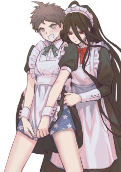 Rule 34 | 2boys, absurdres, ahoge, alternate costume, apron, black dress, black hair, blue male underwear, bow, bowtie, brown hair, buttons, clothes lift, collared dress, crossdressing, crossdressing (mtf), cyacyacyacyaki, danganronpa (series), danganronpa 2: goodbye despair, dress, dual persona, enmaided, expressionless, green bow, green bowtie, grey eyes, highres, hinata hajime, kamukura izuru, lifting another's clothes, long bangs, long dress, long hair, long sleeves, maid, maid apron, maid headdress, male focus, male maid, male underwear, multiple boys, print male underwear, puffy short sleeves, puffy sleeves, red bow, red bowtie, red eyes, short sleeves, simple background, skirt, skirt lift, teardrop, tsurime, underwear, v-shaped eyebrows, white apron, white background, wrist cuffs