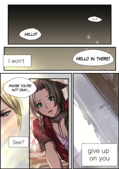 1boy 1girl aerith_gainsborough blonde_hair blue_eyes breasts brown_hair choker cleavage cloud_strife dress english_text final_fantasy final_fantasy_vii final_fantasy_vii_remake flower_choker green_eyes hair_ribbon halu-ca highres jacket leaning_forward long_hair looking_at_viewer medium_breasts parted_lips pink_dress pink_ribbon red_jacket ribbon sequential short_sleeves sidelocks speech_bubble square_enix