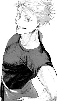 Rule 34 | 1boy, absurdres, belt, black belt, black shirt, commentary request, fang, gojo satoru, greyscale, hands on own hips, highres, jujutsu kaisen, looking at viewer, monochrome, parted lips, shirt, short hair, short sleeves, simple background, solo, teeth, upper body, user atst4853, white background, white hair