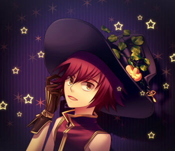 Rule 34 | 1boy, black hat, brown eyes, brown gloves, commentary request, dated commentary, gloves, hat, looking at viewer, male focus, oomojiya, open mouth, purple background, ragnarok online, red hair, red shirt, shirt, short hair, sleeveless, sleeveless shirt, smile, solo, star (symbol), star symbol background, upper body, witch hat, wizard (ragnarok online)