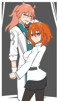 1boy 1girl absurdres black_pantyhose black_skirt bluebutter border breasts chaldea_uniform fate/grand_order fate_(series) fujimaru_ritsuka_(female) gloves highres holding_hands lanyard large_breasts long_sleeves looking_at_viewer naughty_face one_side_up orange_eyes orange_hair pantyhose ponytail romani_archaman scrunchie side_ponytail skirt smile smirk sweatdrop white_border white_gloves yellow_scrunchie